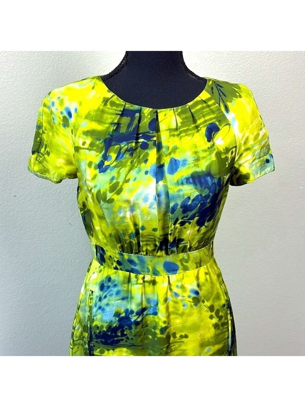 Peter Som Silk Dress Chartreuse Watercolor Print Pockets Pleated  XS - Picture 3 of 10
